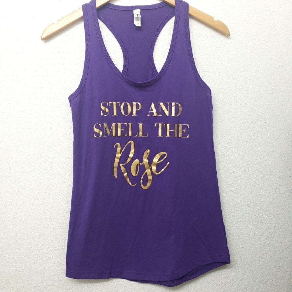 Ideal T By Next Level Stop And Smell The Rose Purple and Gold Tank Top Size S